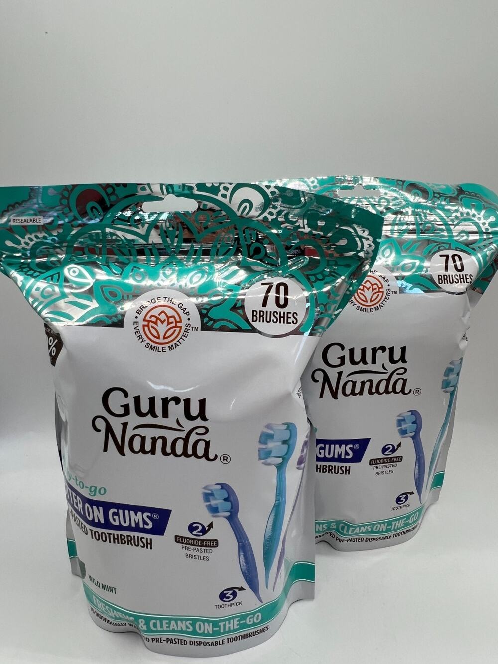 GuruNanda Ready-to-Go Pre-Pasted Toothbrushes Wild Mint 70 Ct (Lot of 2)